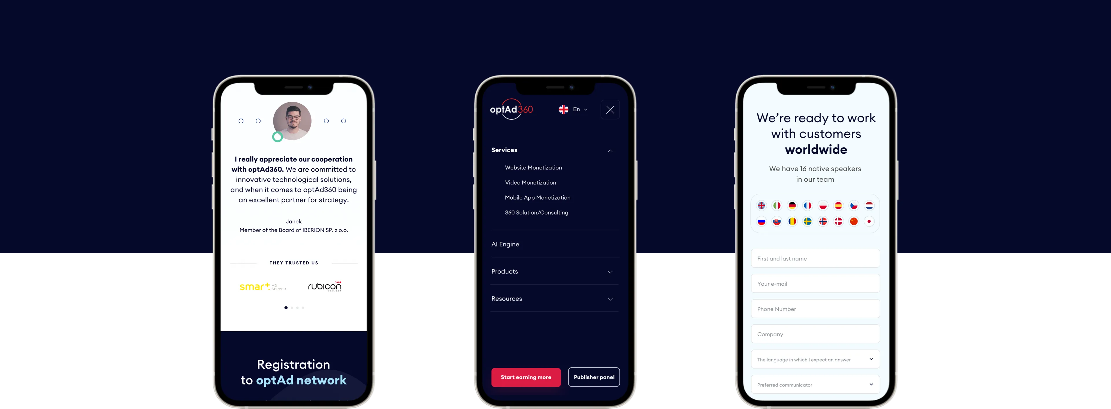 Three smartphone screens displaying different sections of the OptAd360 website, including testimonials and a contact form.