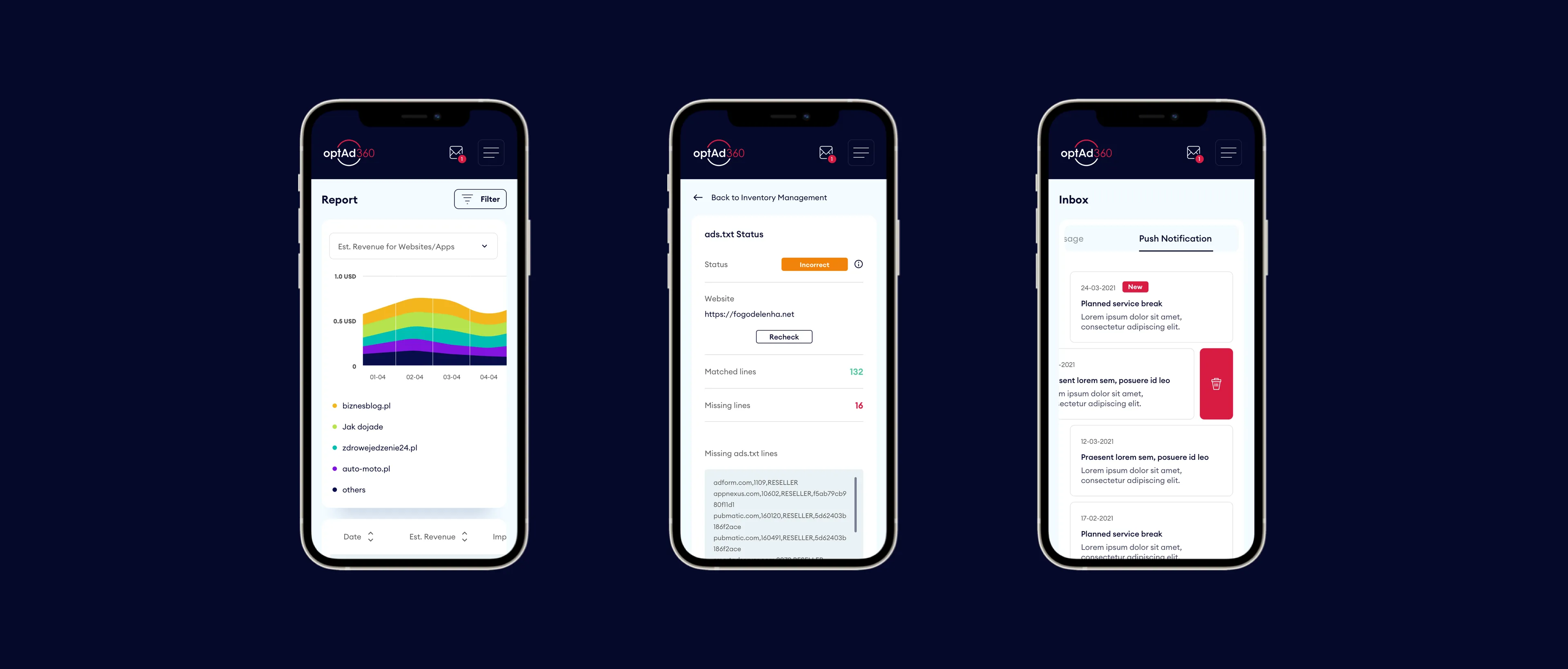 Three smartphone screens displaying the mobile interface of the OptAd360 panel.
