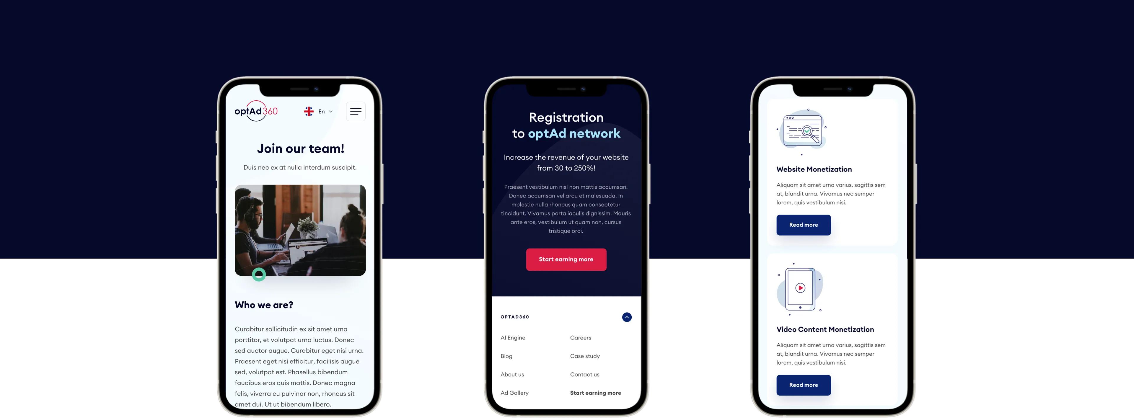 Three smartphone screens displaying various sections of the OptAd360 website.