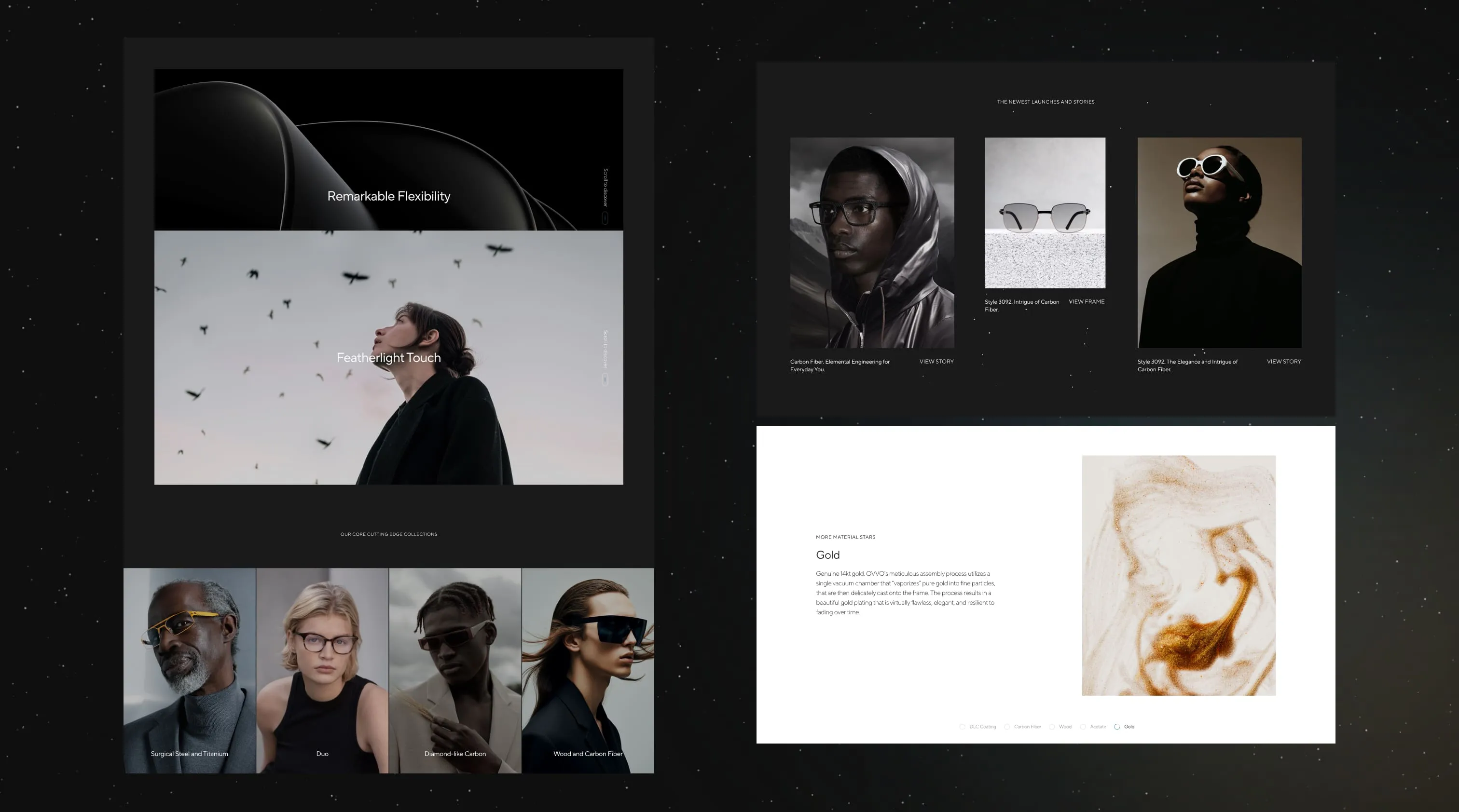 A collage of screenshots from the OVVO Optics website, showcasing the eyewear collection in an elegant, dark theme.