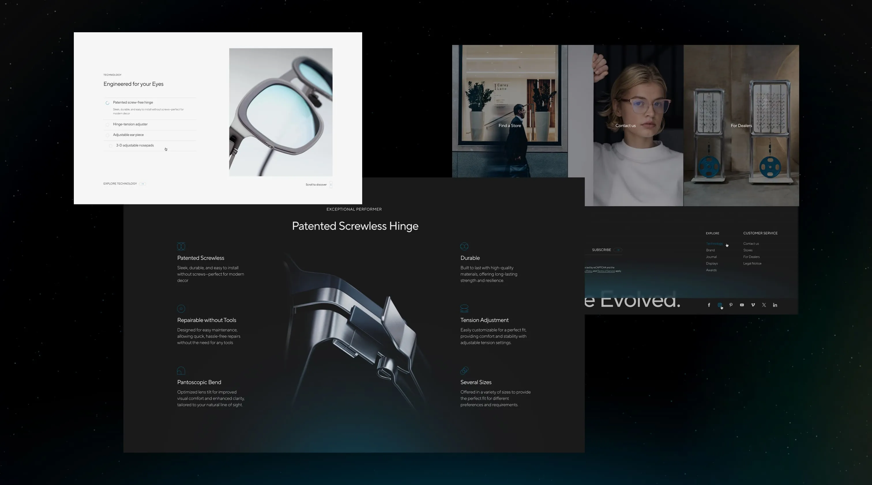 A collage of screenshots from the OVVO Optics website, with details on the patented screwless hinges.