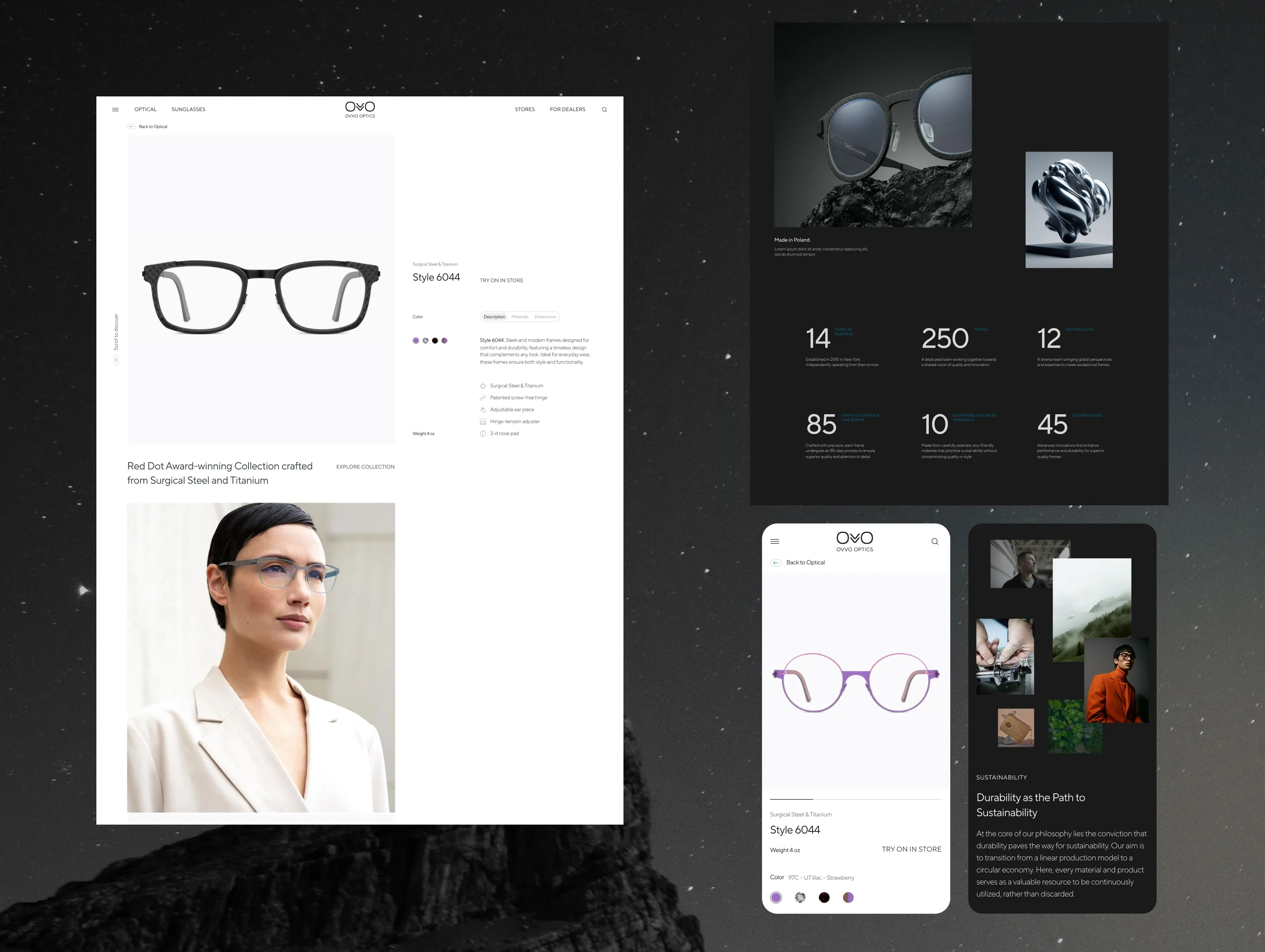 A collage of screenshots from the OVVO website, showing the Style 6044 eyewear model on white and black backgrounds.