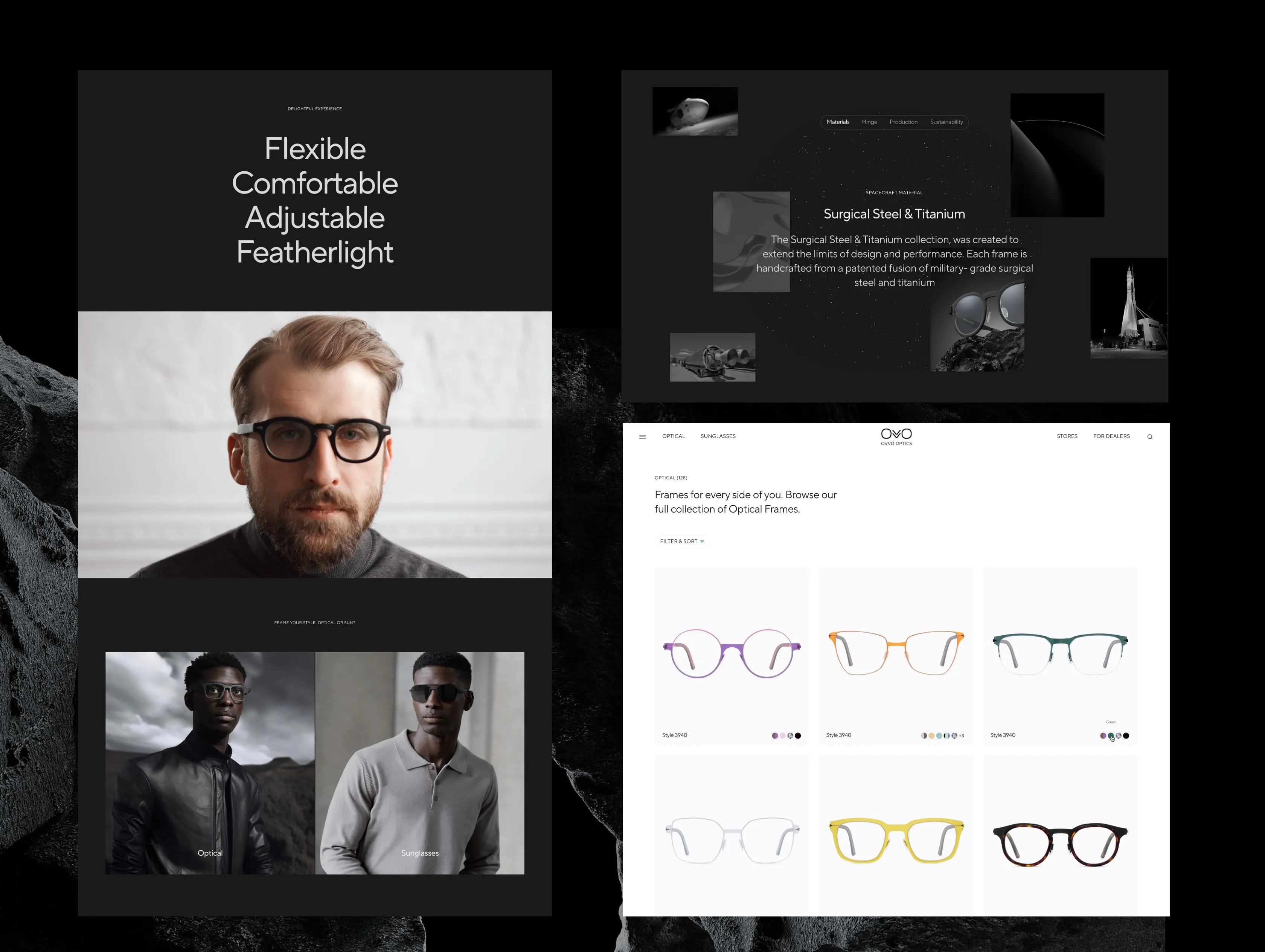 A collage of screenshots from the OVVO website, showing eyeglass models and information on materials.