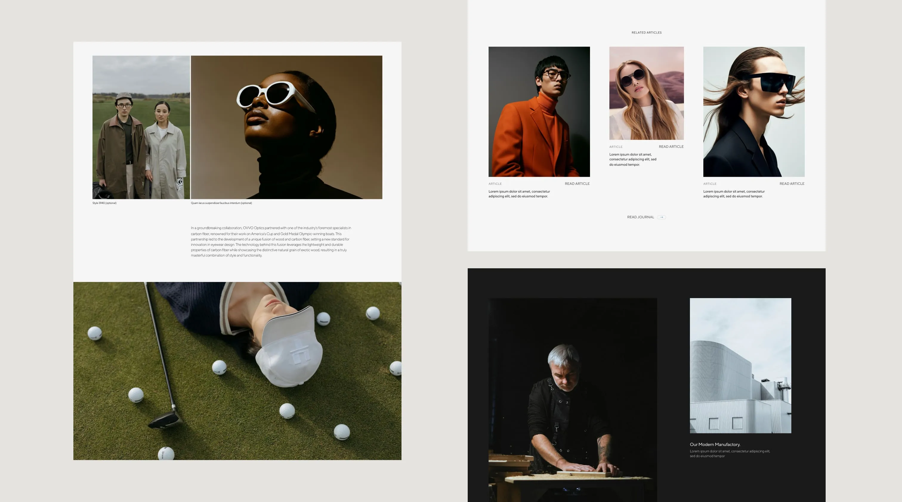A collage of screenshots from the OVVO Optics website, showcasing eyewear models on different people in natural settings.
