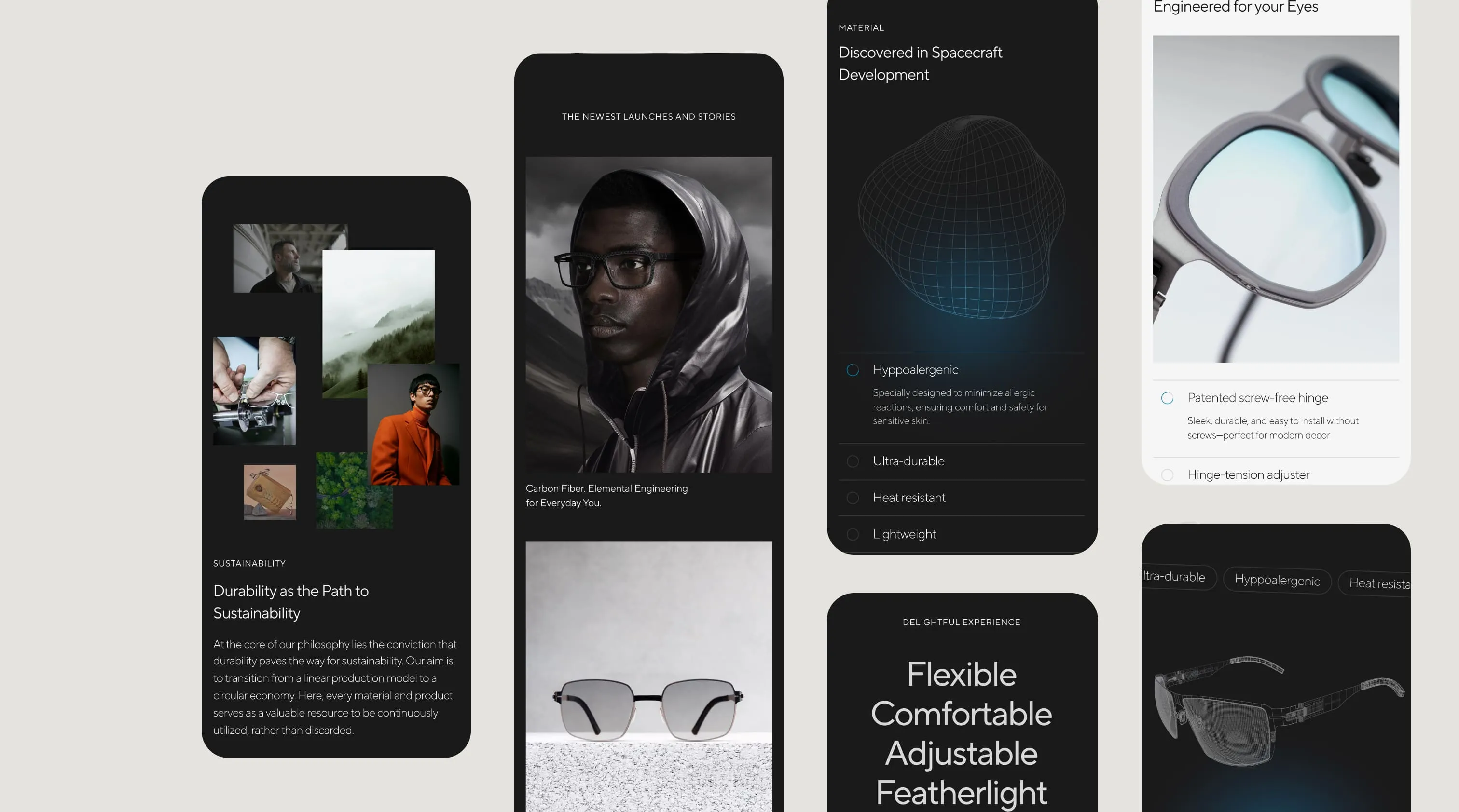 A collage of screenshots from the OVVO Optics website, showcasing eyeglasses and their technical features.