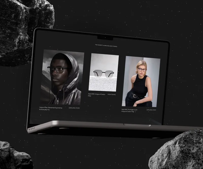 OVVO Optics on a laptop set among dark rocks, showing three campaign tiles for carbon-fibre frames