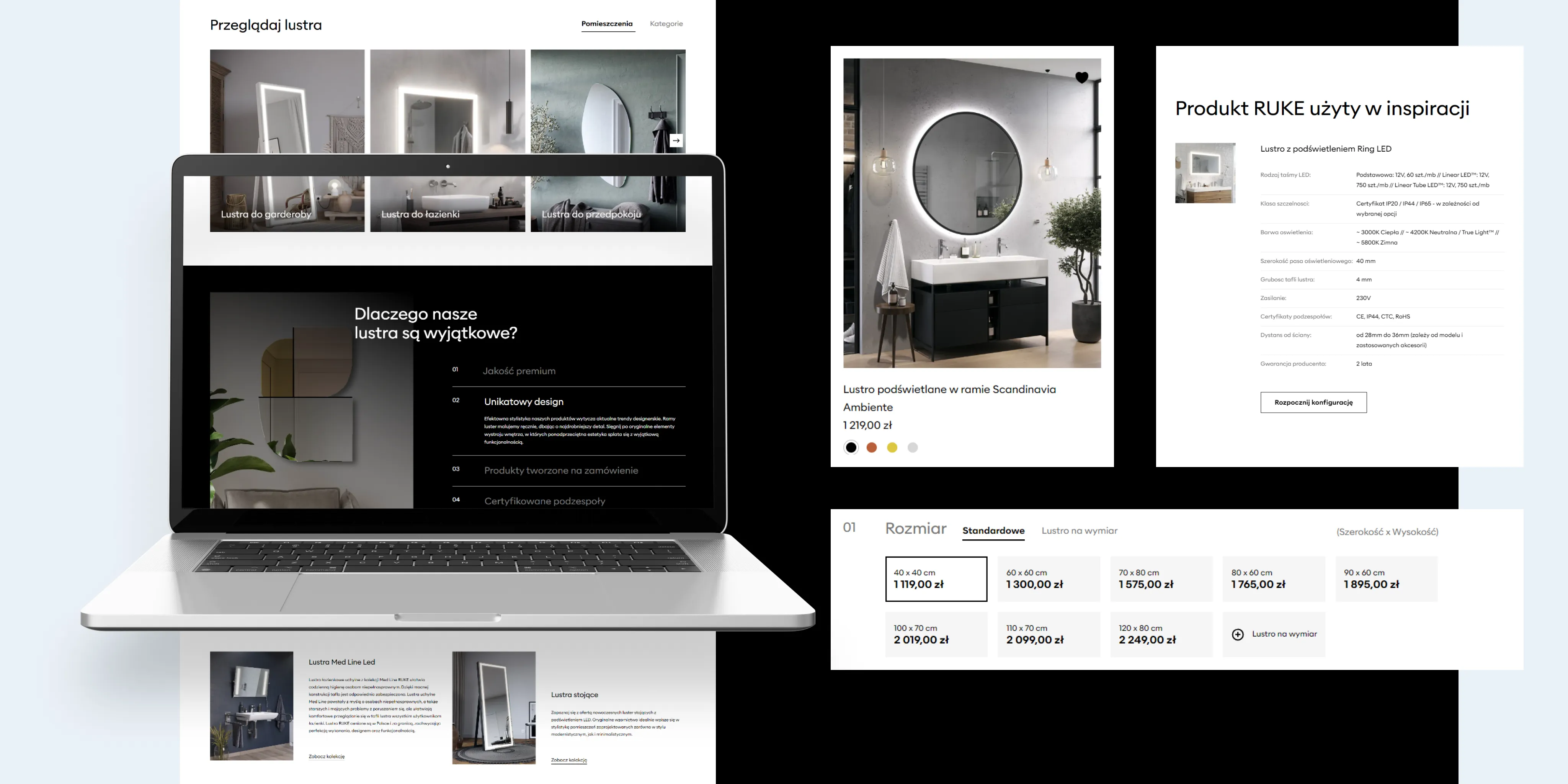 RUKE mirrors across several screens — a collection page, a room inspiration and a size and price table