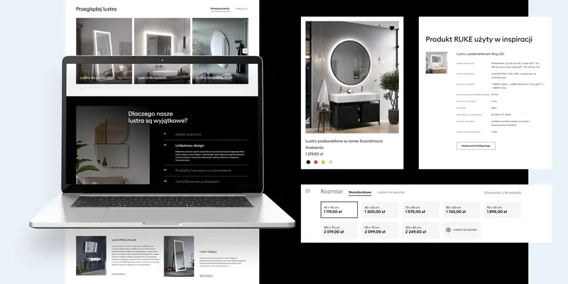RUKE mirrors across several screens — a collection page, a room inspiration and a size and price table