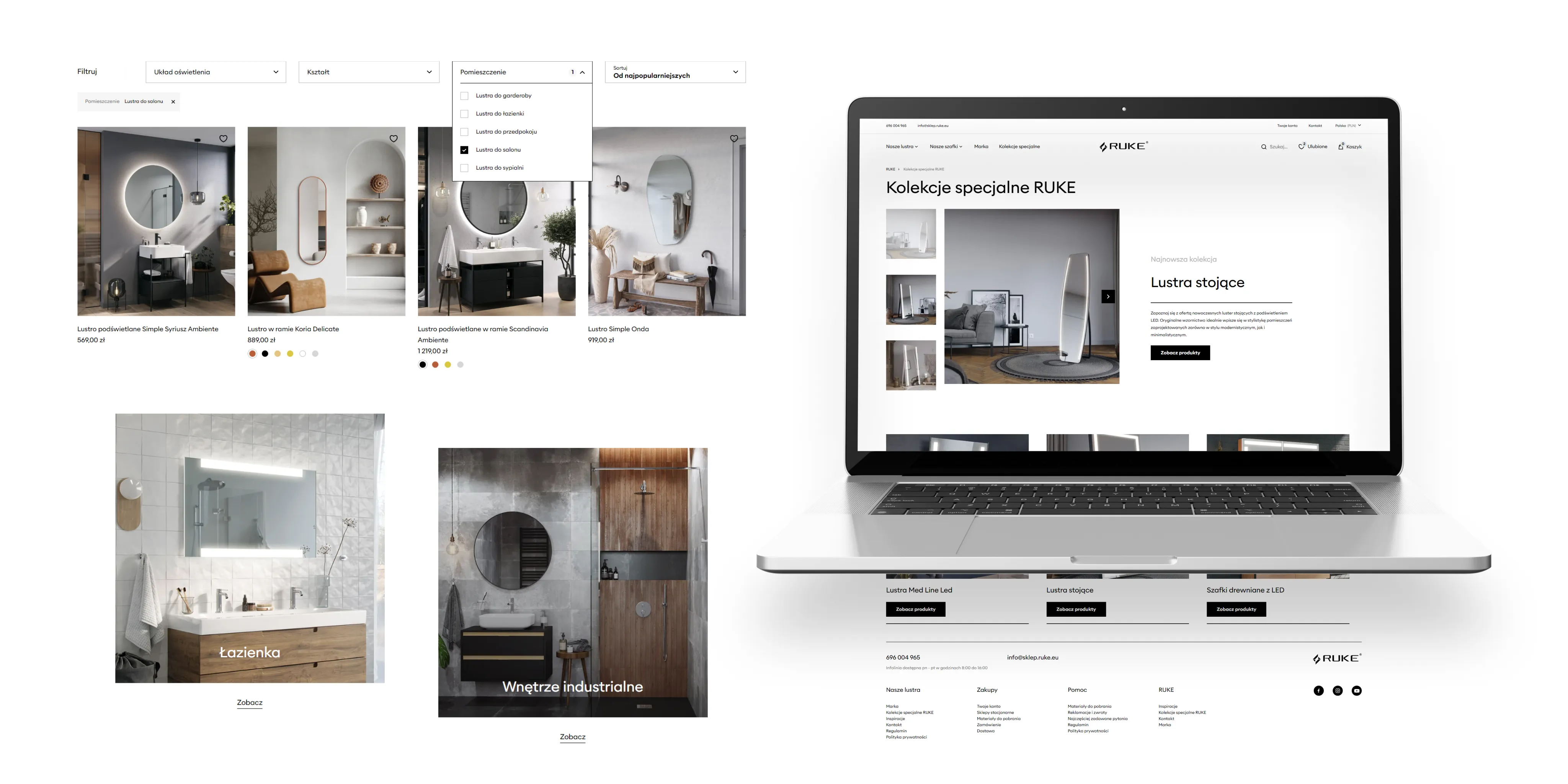 The Ruke website on a laptop, showcasing bathroom mirrors and product filtering options.