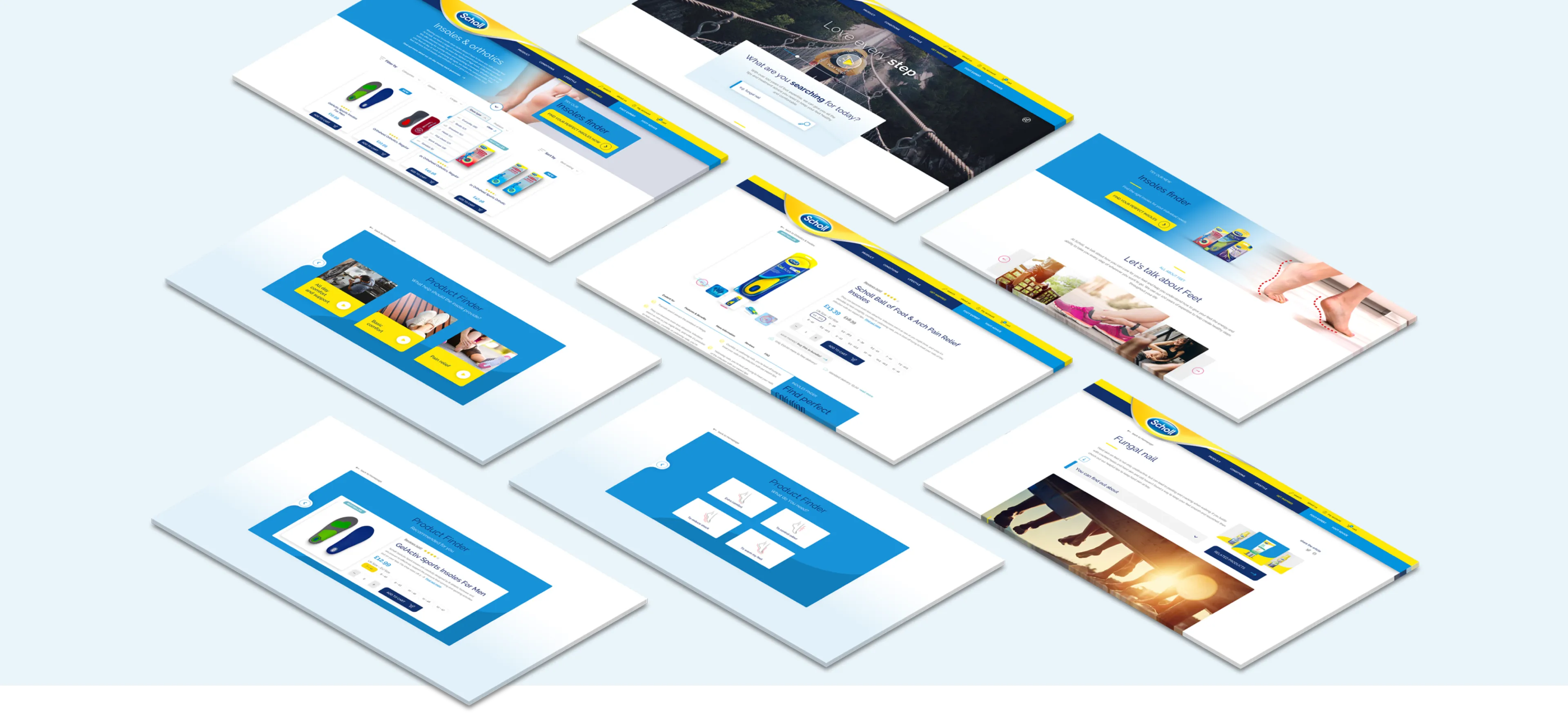 A collage of Scholl website screenshots, showcasing various store pages and expert advice.