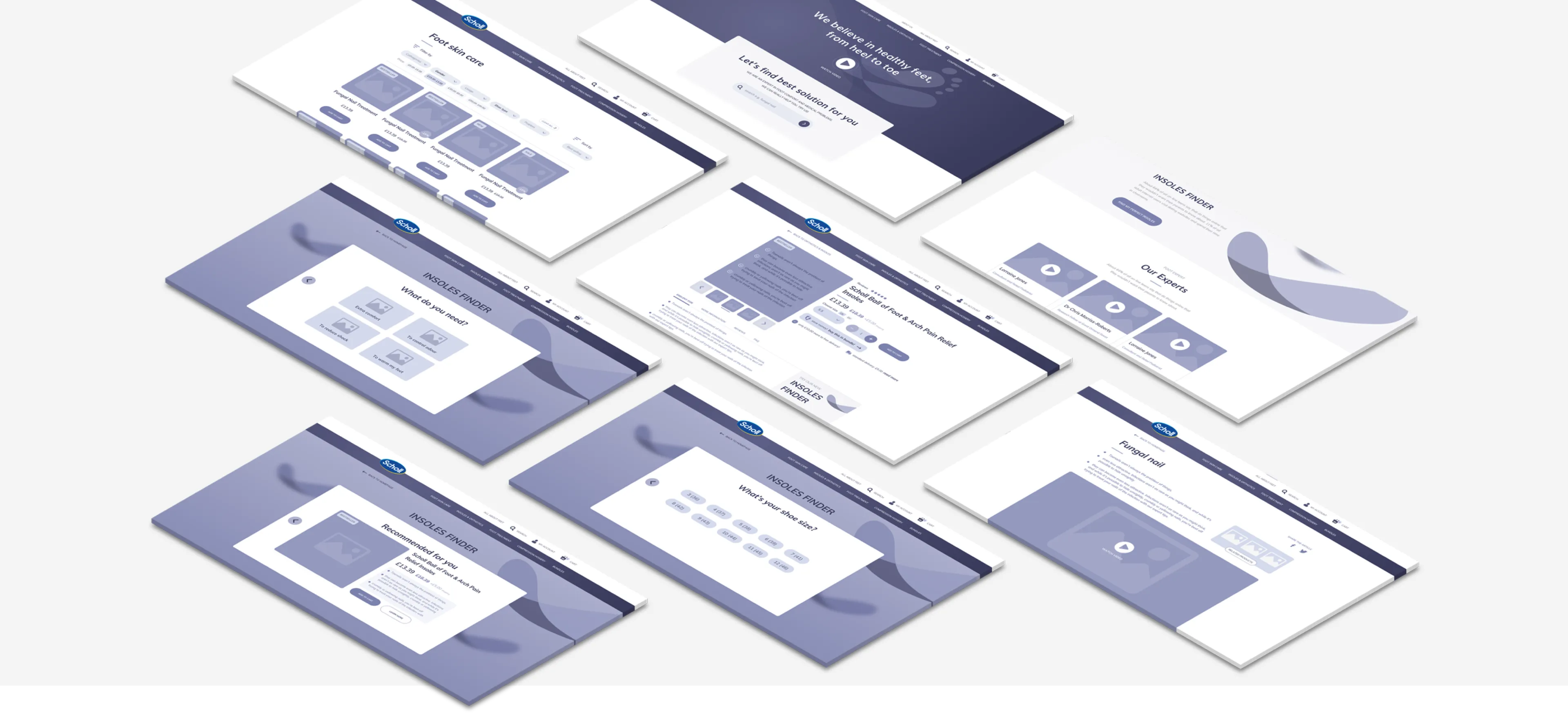 A collage of Scholl website screenshots, showing different stages of the insole finder tool.