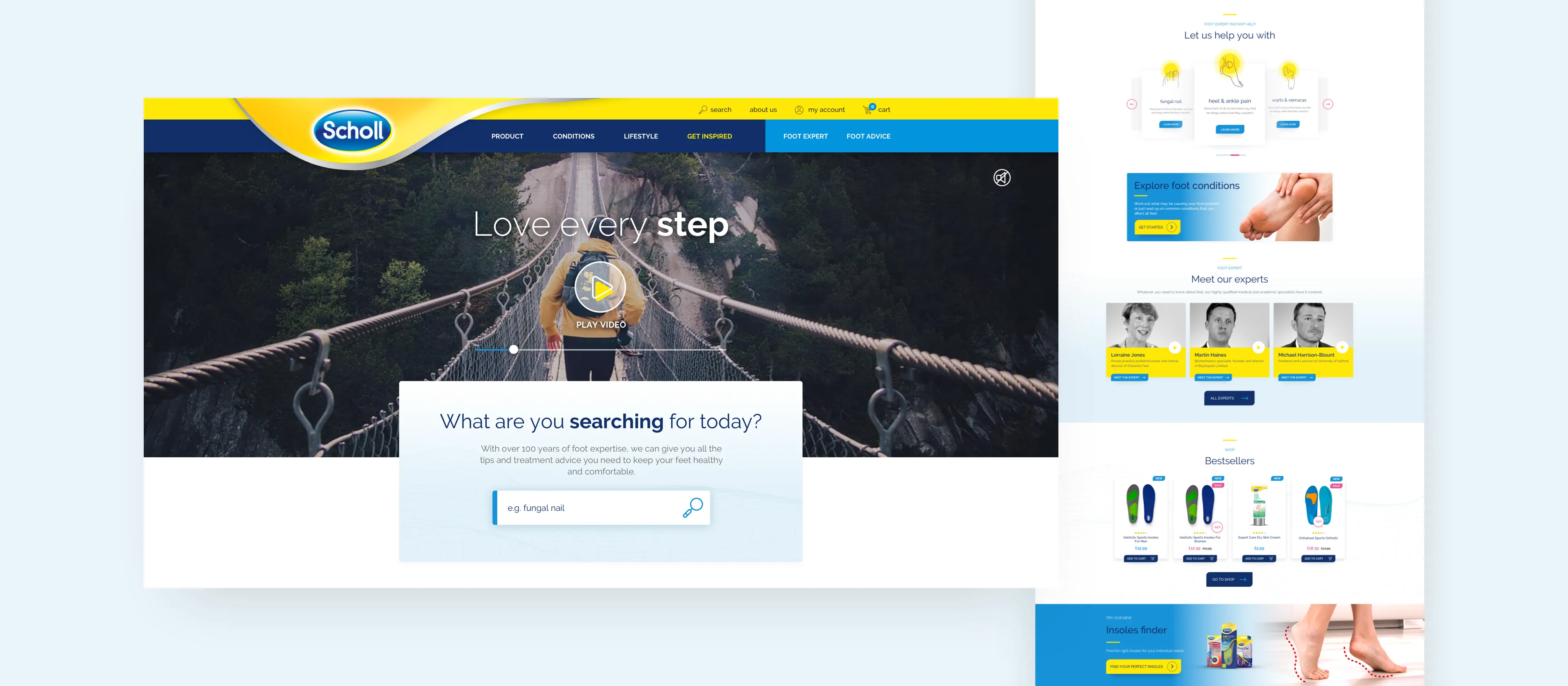 Scholl's site — a “Love every step” hero with a search box, and an advice page with foot-care experts