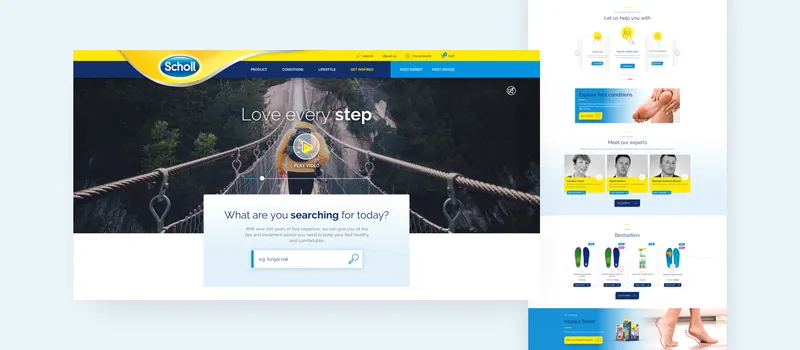 Scholl's site — a “Love every step” hero with a search box, and an advice page with foot-care experts