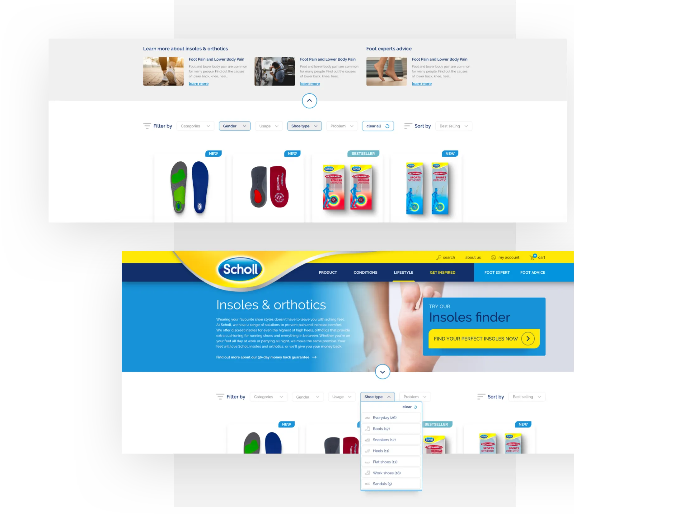 Scholl website – articles on the product listing page