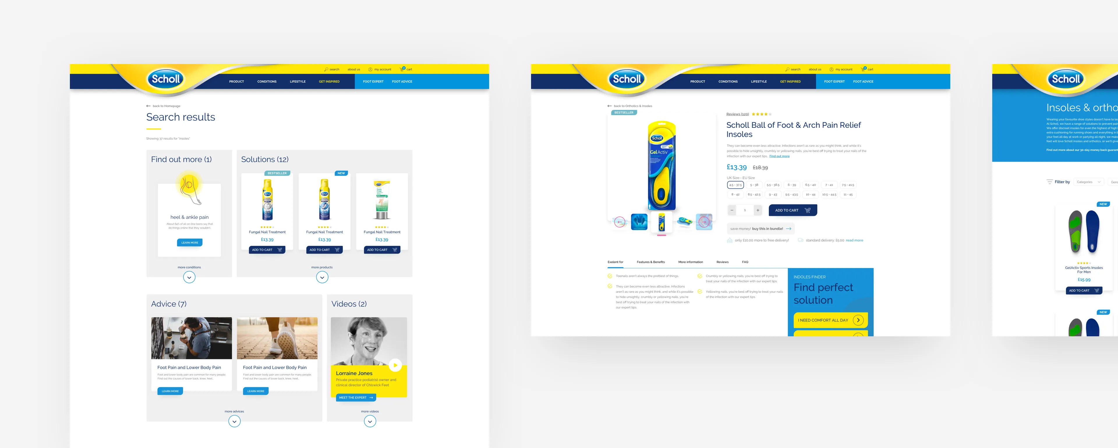 Screenshots from the Scholl website, showing search results and a specific product page.