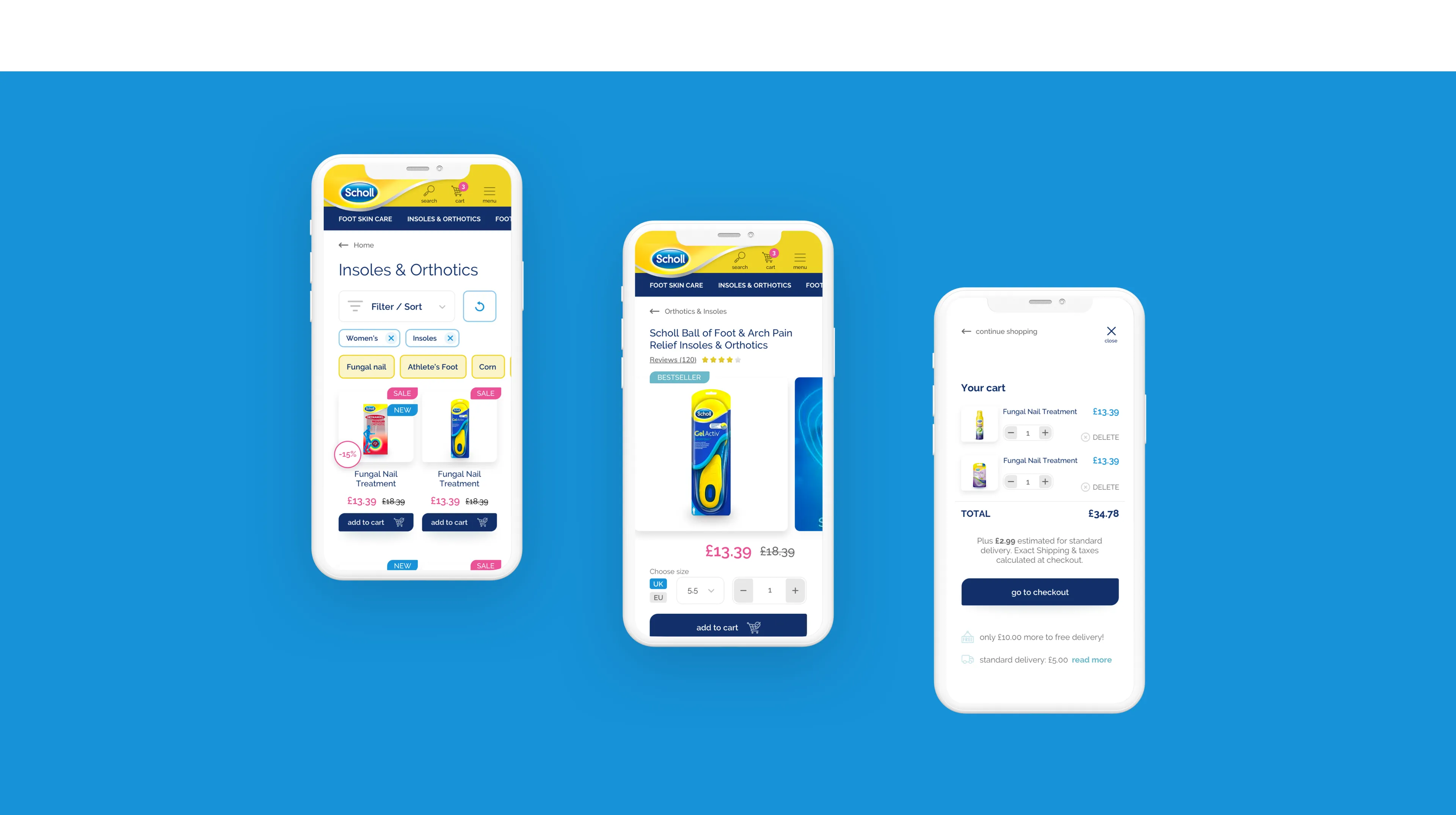 Three smartphone screens displaying the mobile Scholl store: product list, page, and shopping cart.