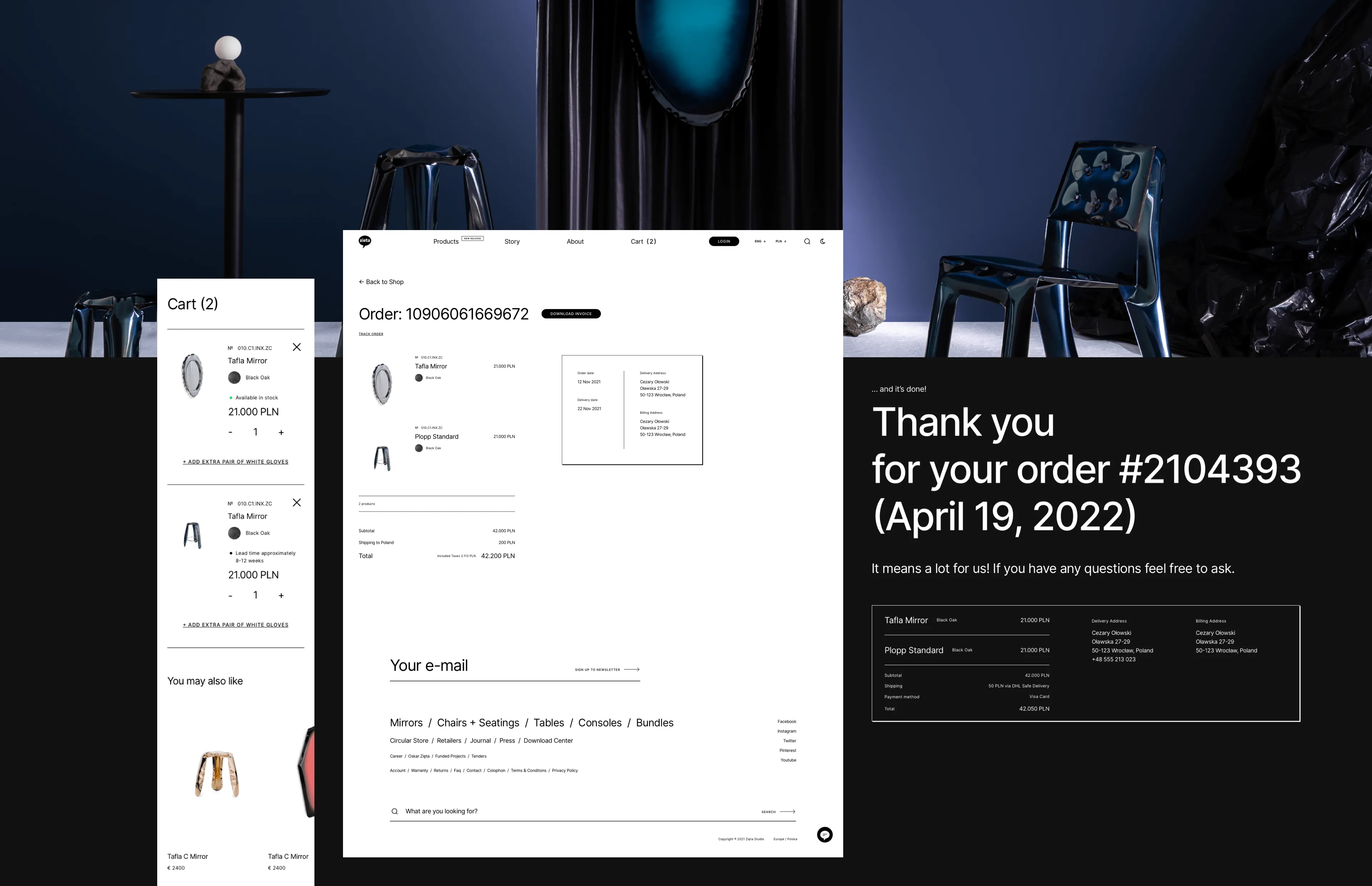 Screenshots from the Zięta Studio website, showing the purchase process and an order summary.