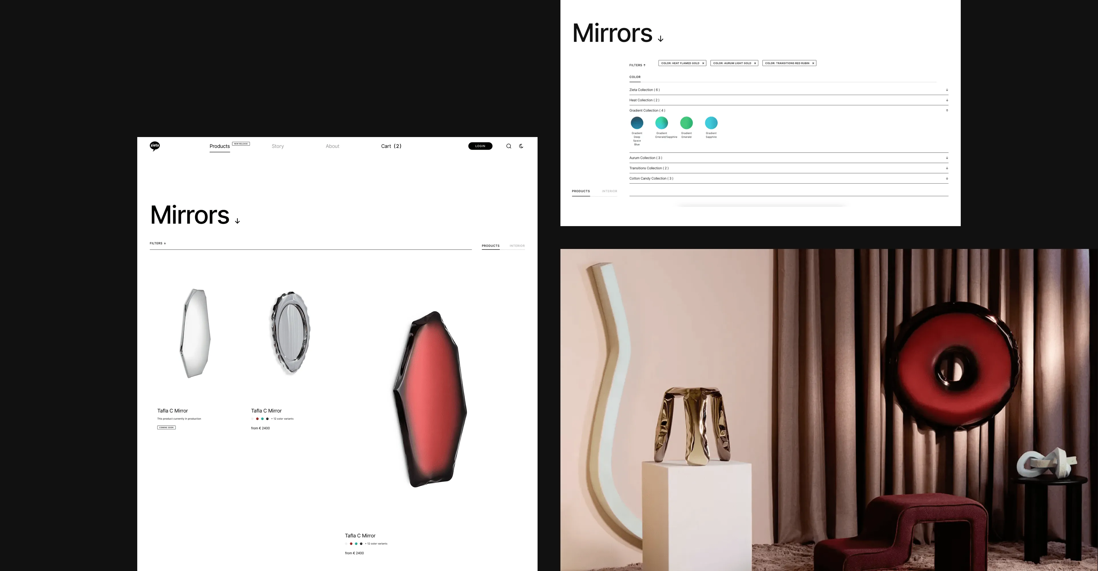 Zieta Studio mirrors collection page and interior with a red circular designer mirror.