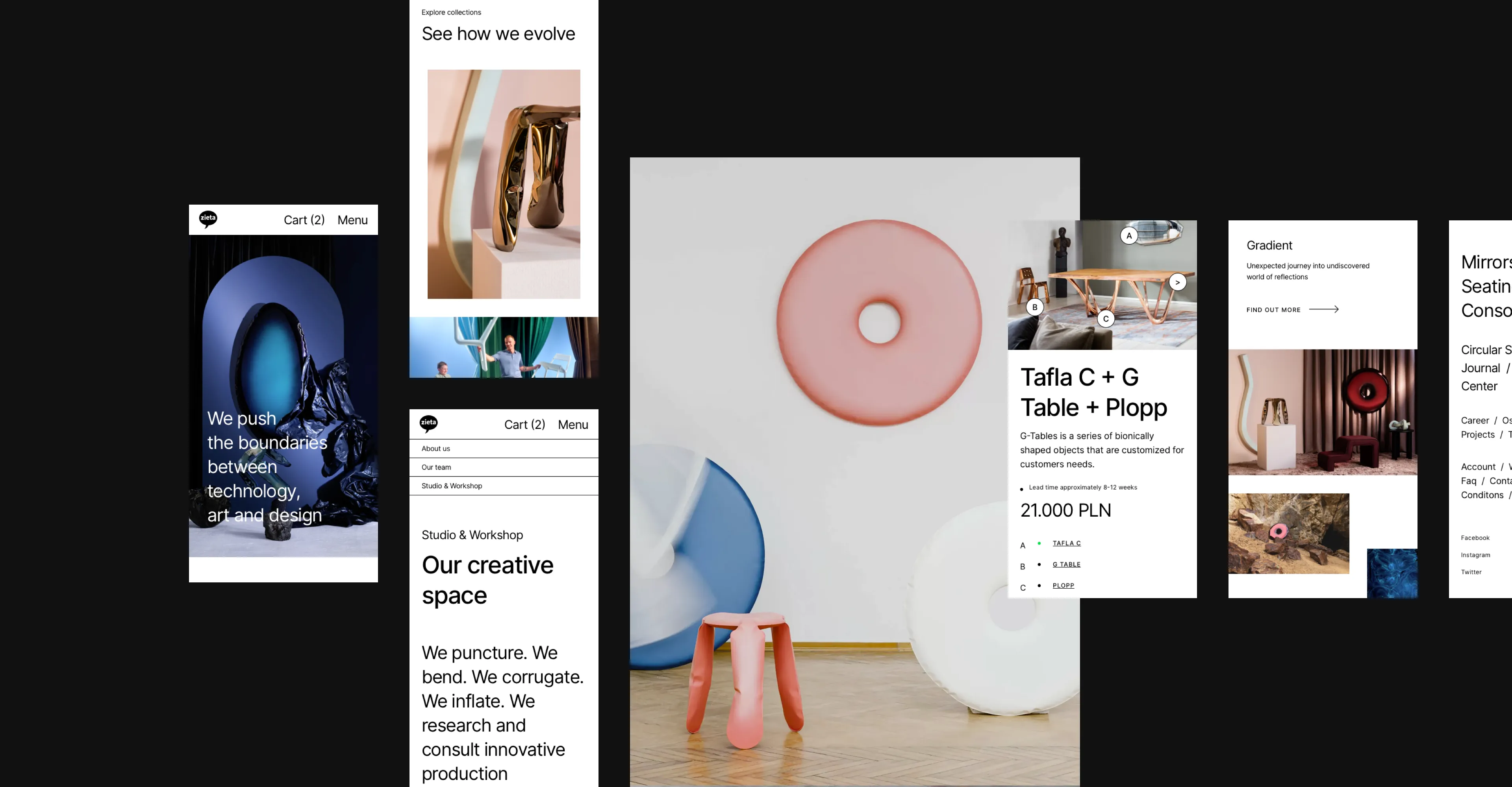 Zieta Studio website showing Tafla mirror collection and furniture in a modern interior.